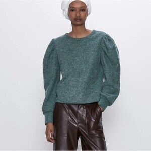 Zara Puff Sleeve Ribbed Knit Sweater in Green sz M